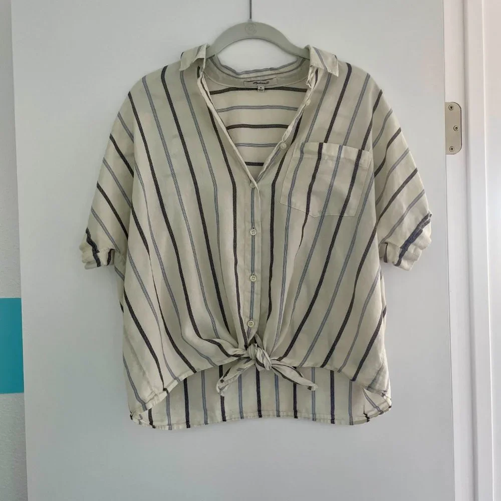 Madewell Tie-Front‎ Shirt in Montpellier Stripe, Short Sleeve, Size Small